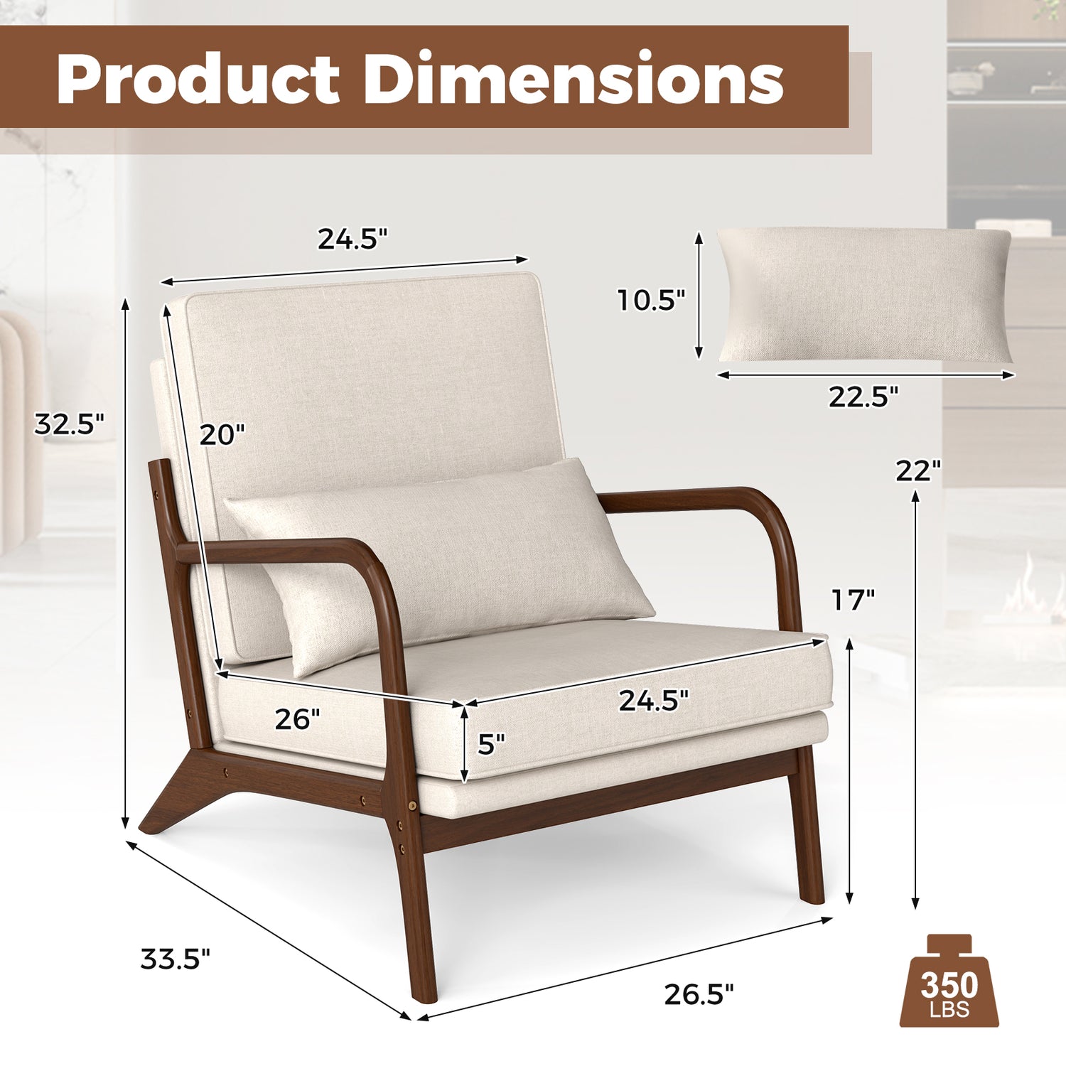 Modern Accent Chair with Rubber Wood Armrests and Removable Back