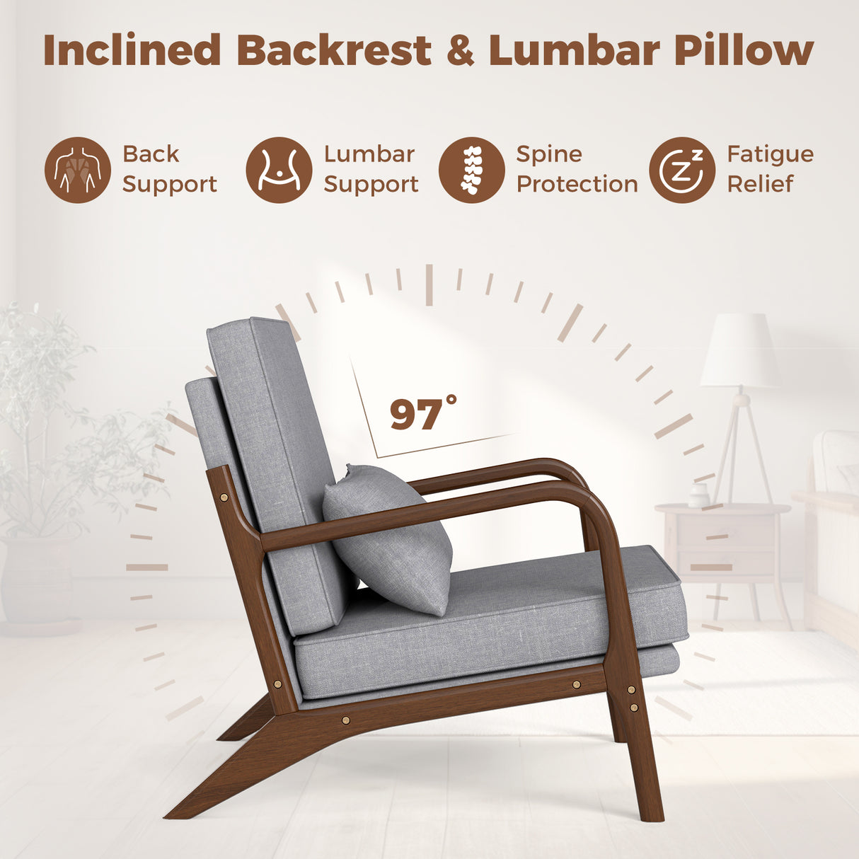 Modern Accent Chair with Rubber Wood Armrests and Removable Back