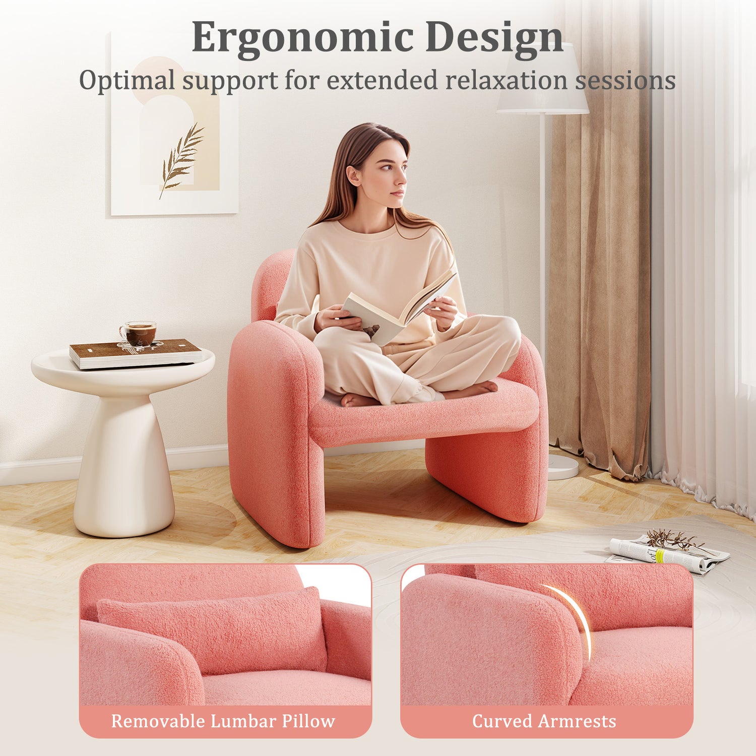 Modern Accent Chair with Waist Pillow and Armrests for Living Room Bedroom