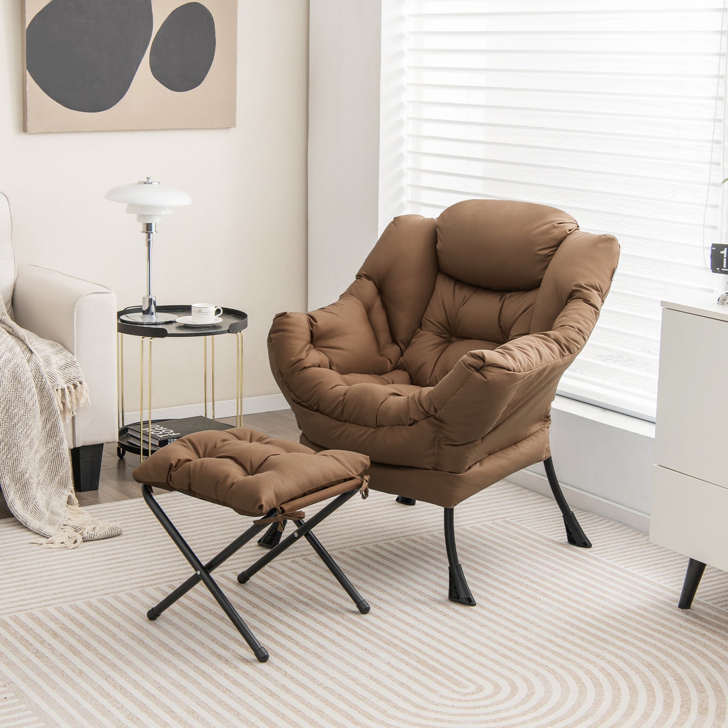 Modern Accent Sofa Chair with Folding Footrest and Side Pocket