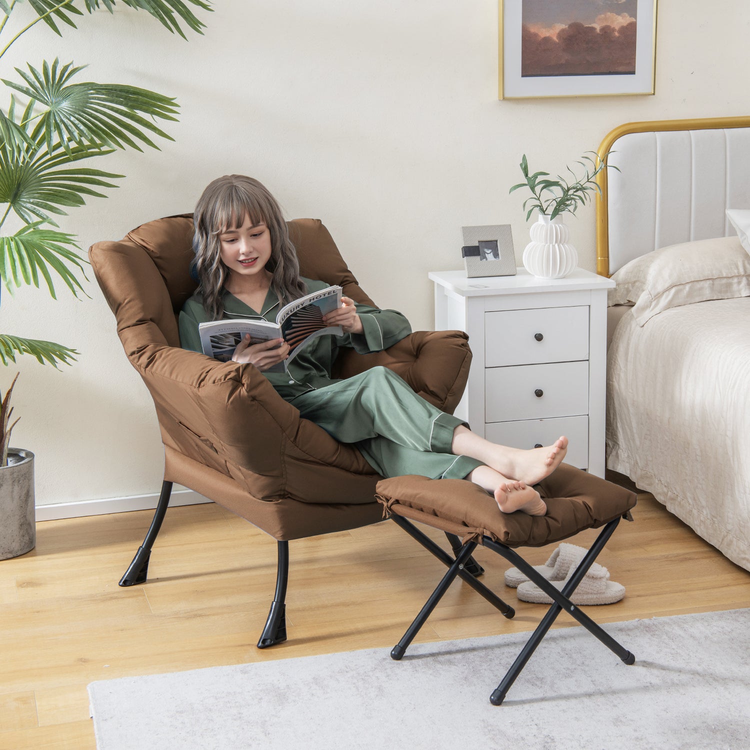 Modern Accent Sofa Chair with Folding Footrest and Side Pocket