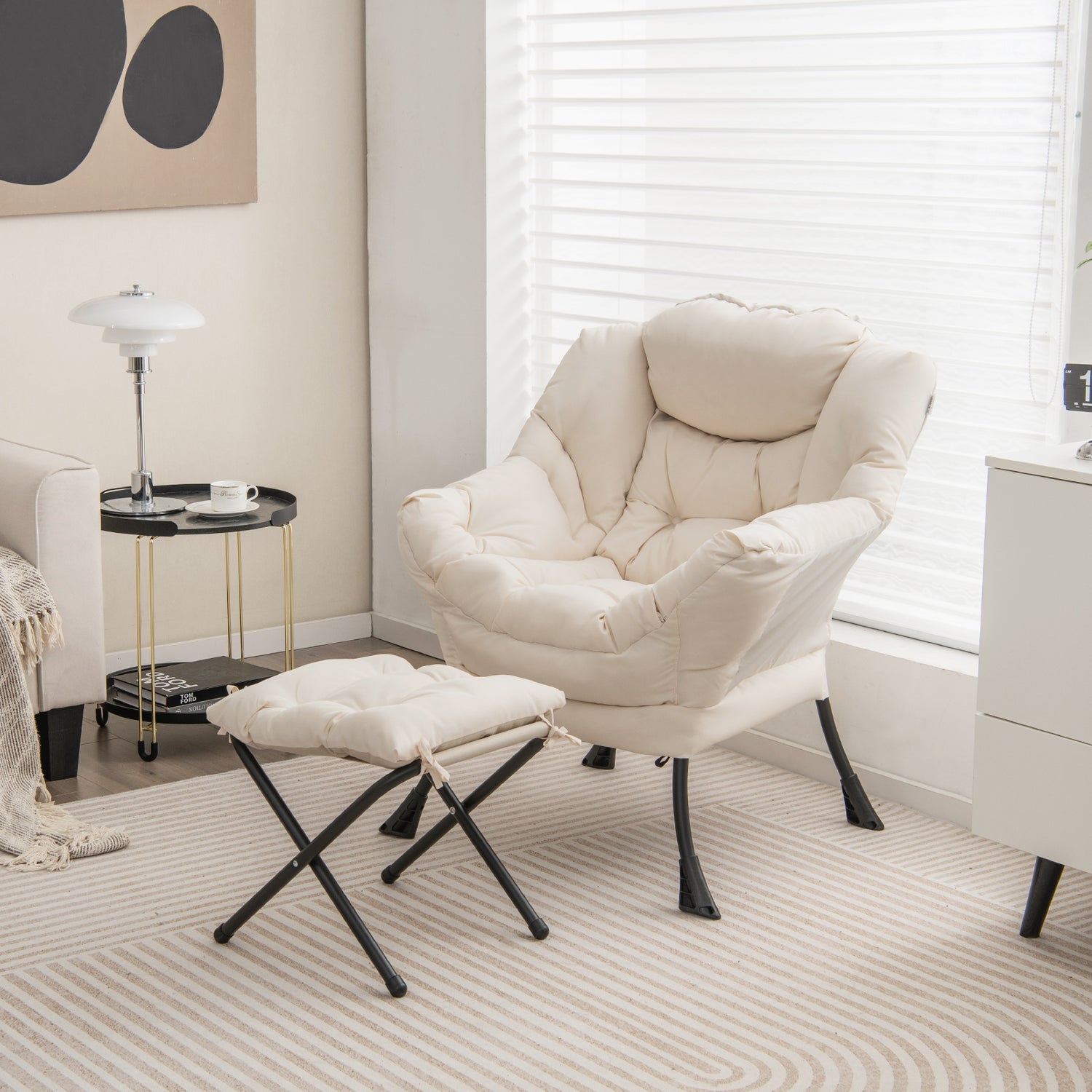 Modern Accent Sofa Chair with Folding Footrest and Side Pocket