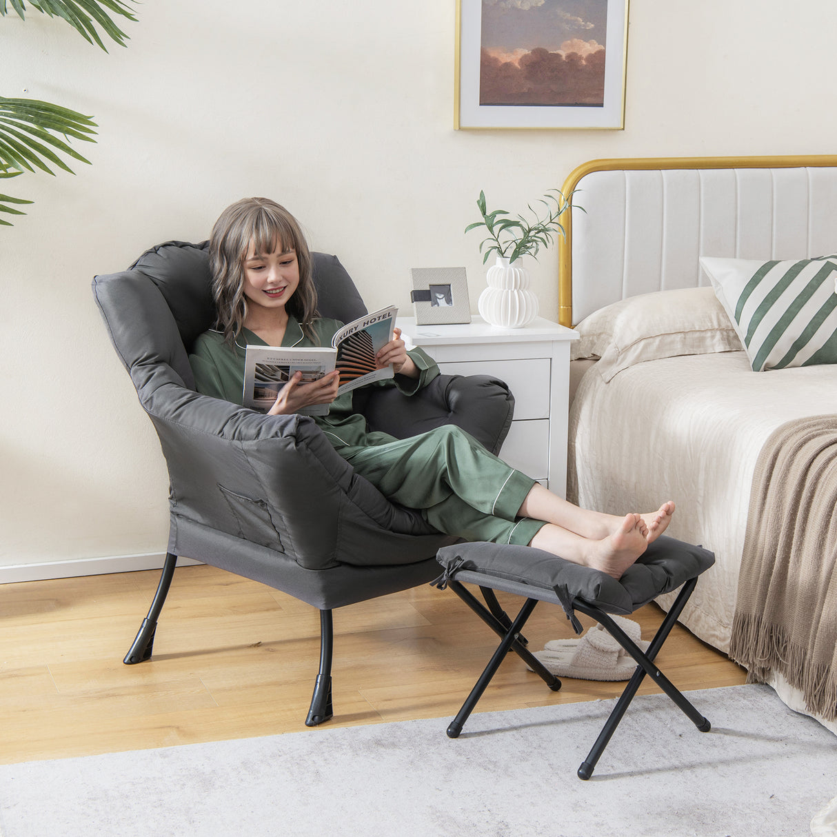 Modern Accent Sofa Chair with Folding Footrest and Side Pocket