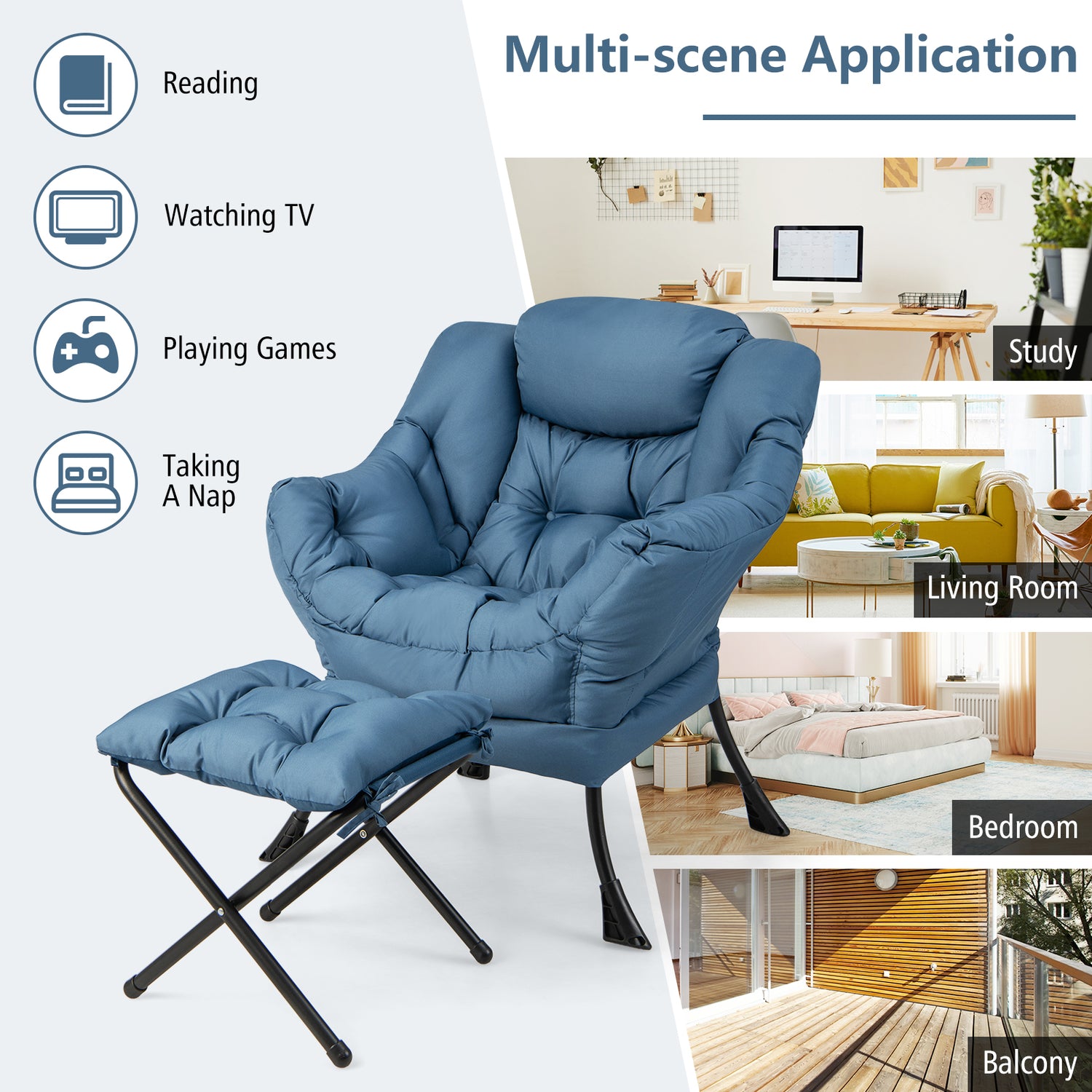 Modern Accent Sofa Chair with Folding Footrest and Side Pocket