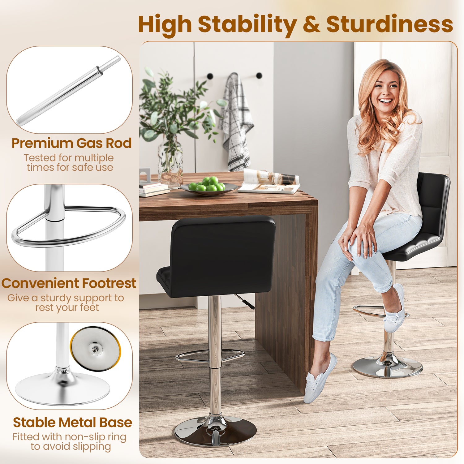 Modern Bat Stools Set of 2 with Back and Heavy-duty Metal Base and Footrest