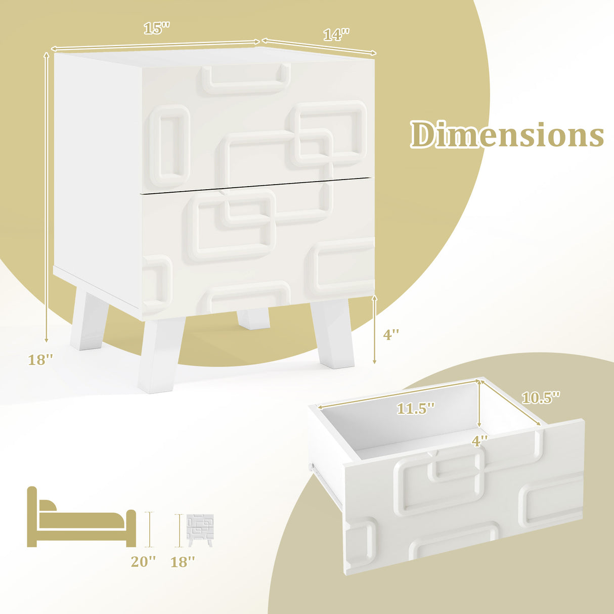 Modern Nightstand Side Table with Drawers and 3D Geometric Patterns-White