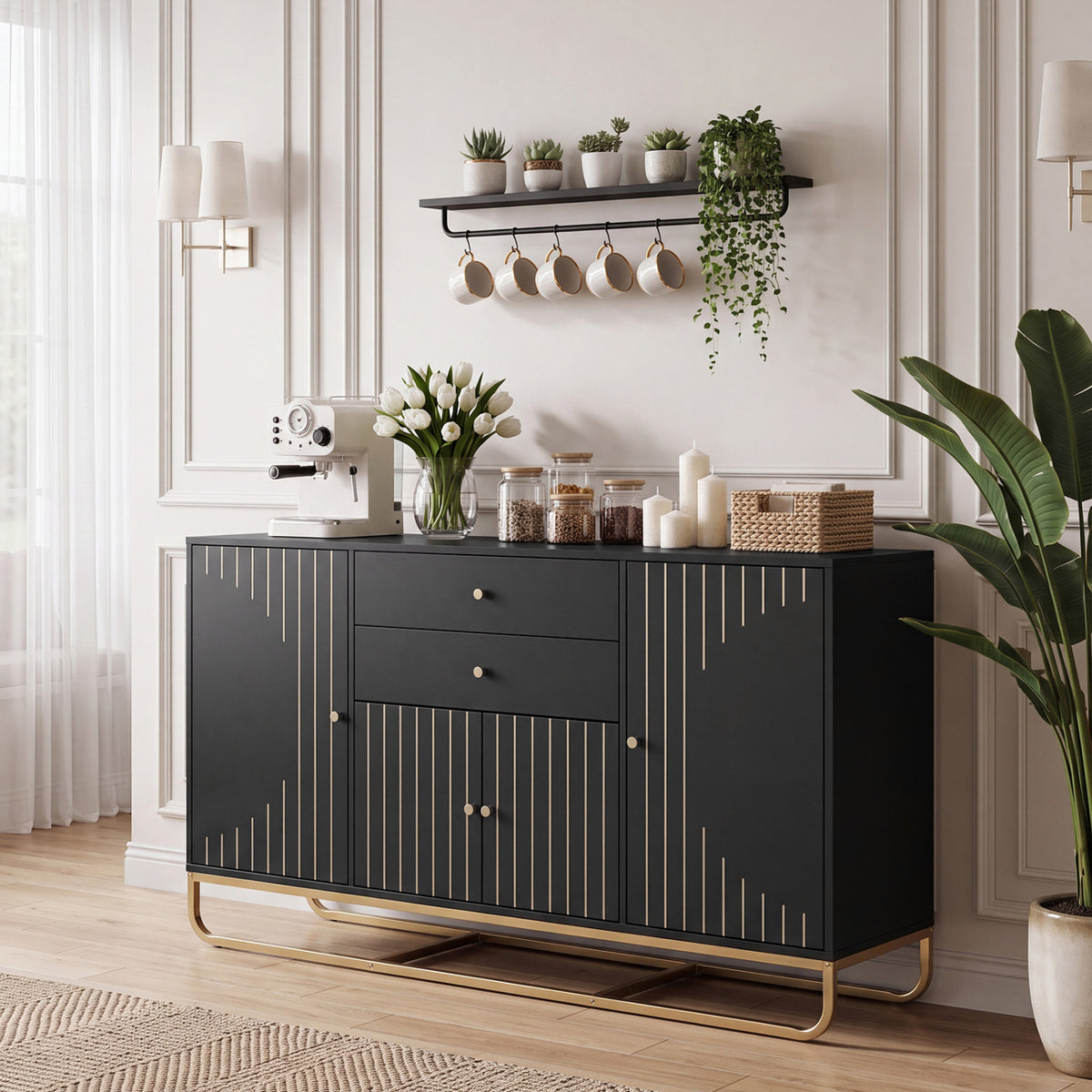 Modern Buffet Sideboard Cabinet w/ 2 Drawers & Adjustable Shelves for Dining Room