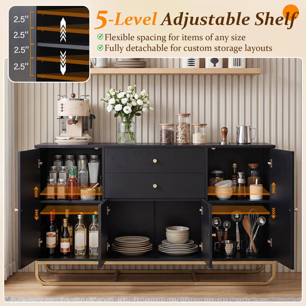 Modern Buffet Sideboard Cabinet w/ 2 Drawers & Adjustable Shelves for Dining Room