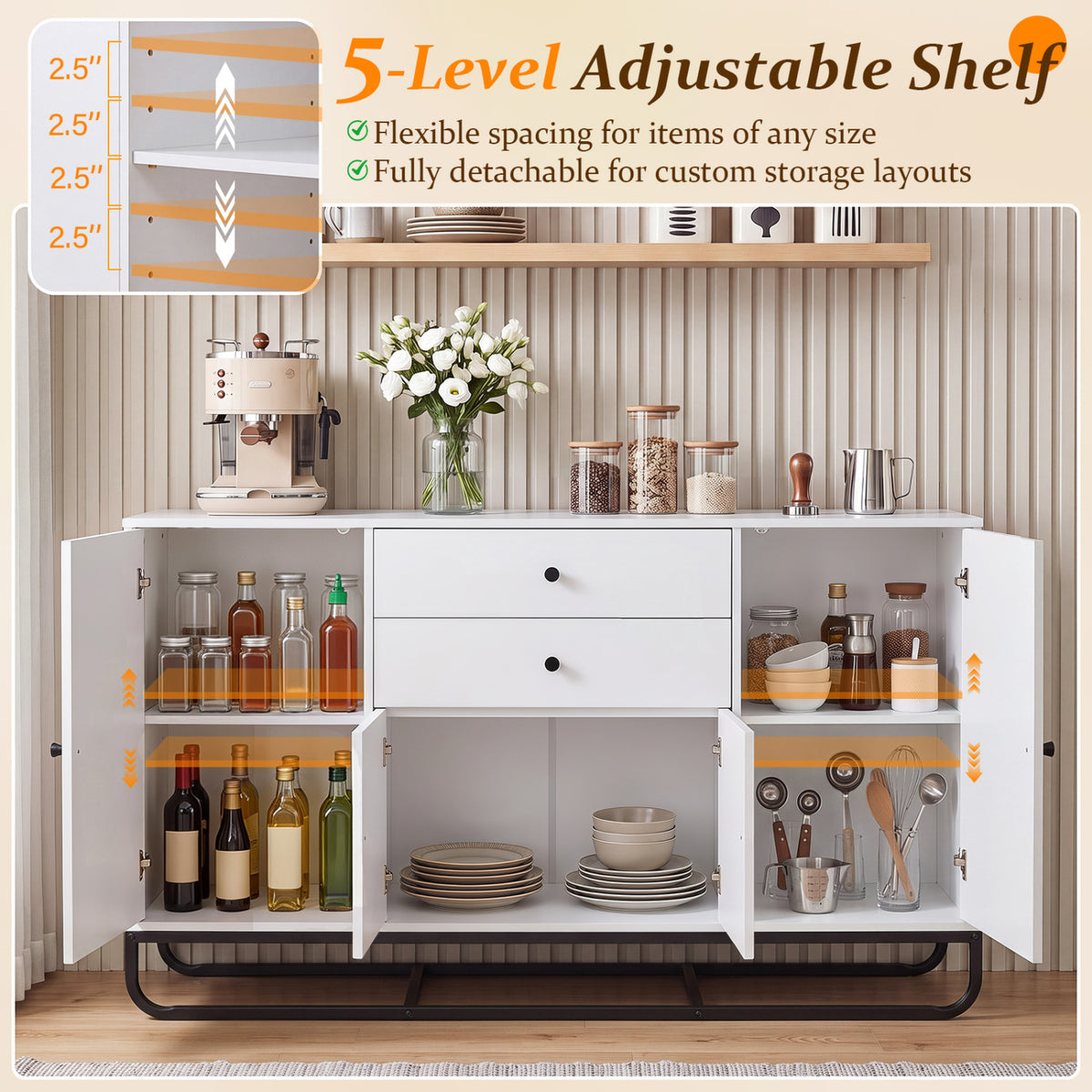 Modern Buffet Sideboard Cabinet w/ 2 Drawers & Adjustable Shelves for Dining Room