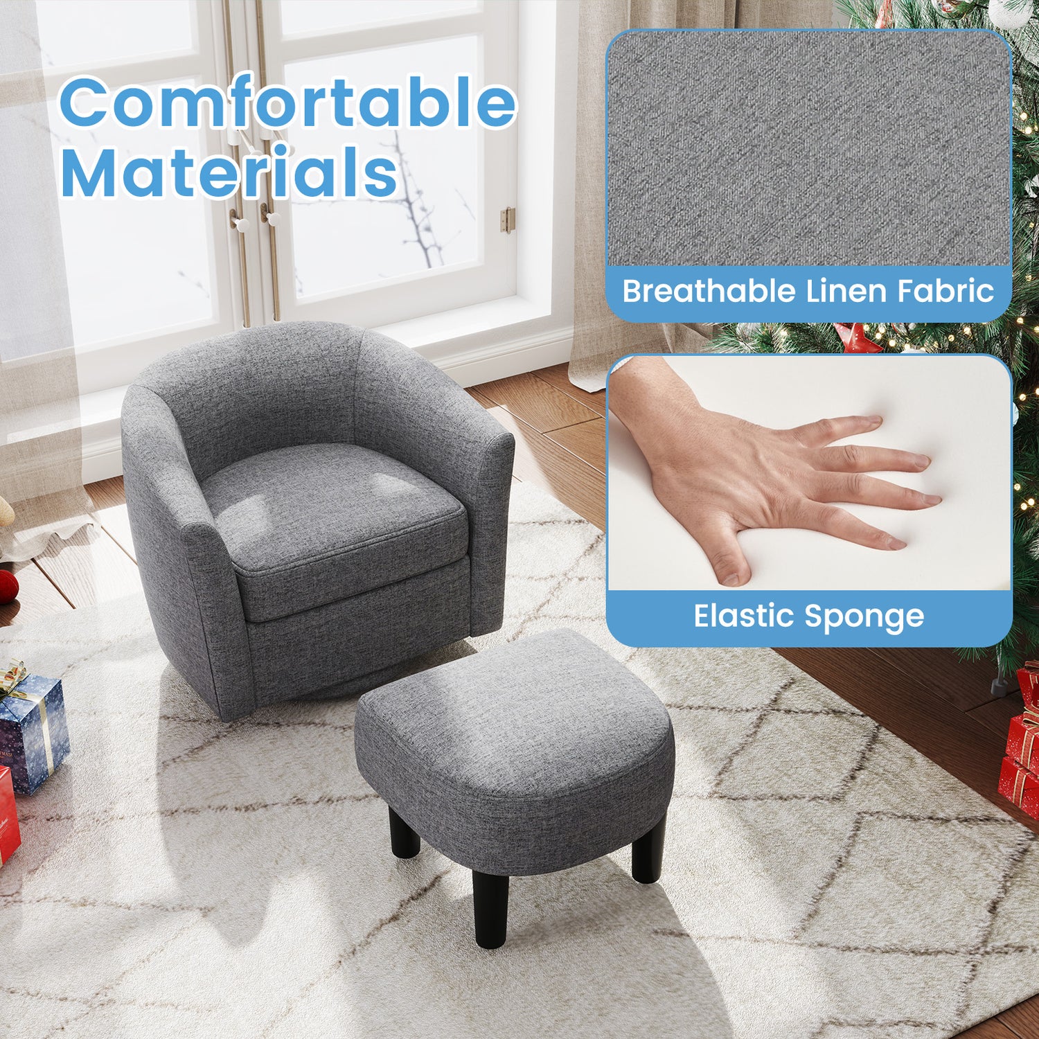 Modern Club Swivel Accent Chair with Ottoman Footrest Curved Backrest