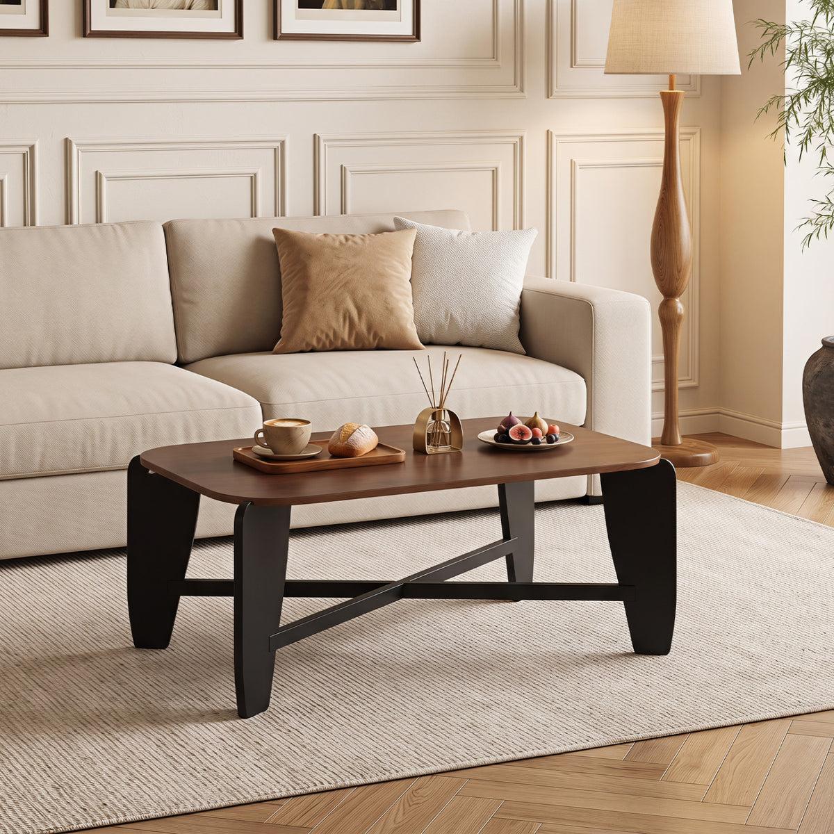 Modern Coffee Table with Rubber Wood Cross-Leg Base Rectangular Center Table