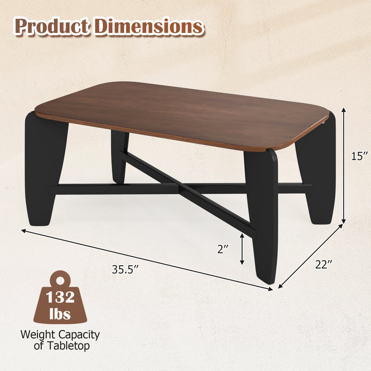 Modern Coffee Table with Rubber Wood Cross-Leg Base Rectangular Center Table