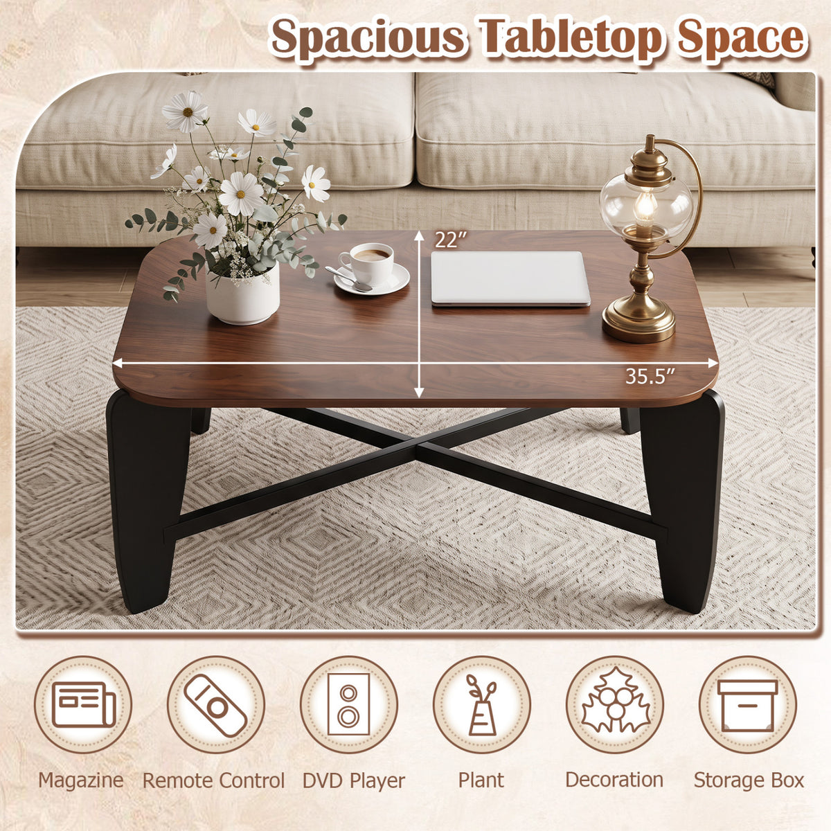 Modern Coffee Table with Rubber Wood Cross-Leg Base Rectangular Center Table