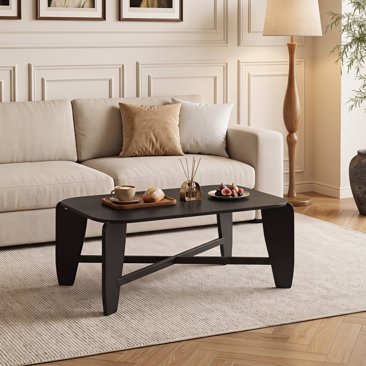 Modern Coffee Table with Rubber Wood Cross-Leg Base Rectangular Center Table