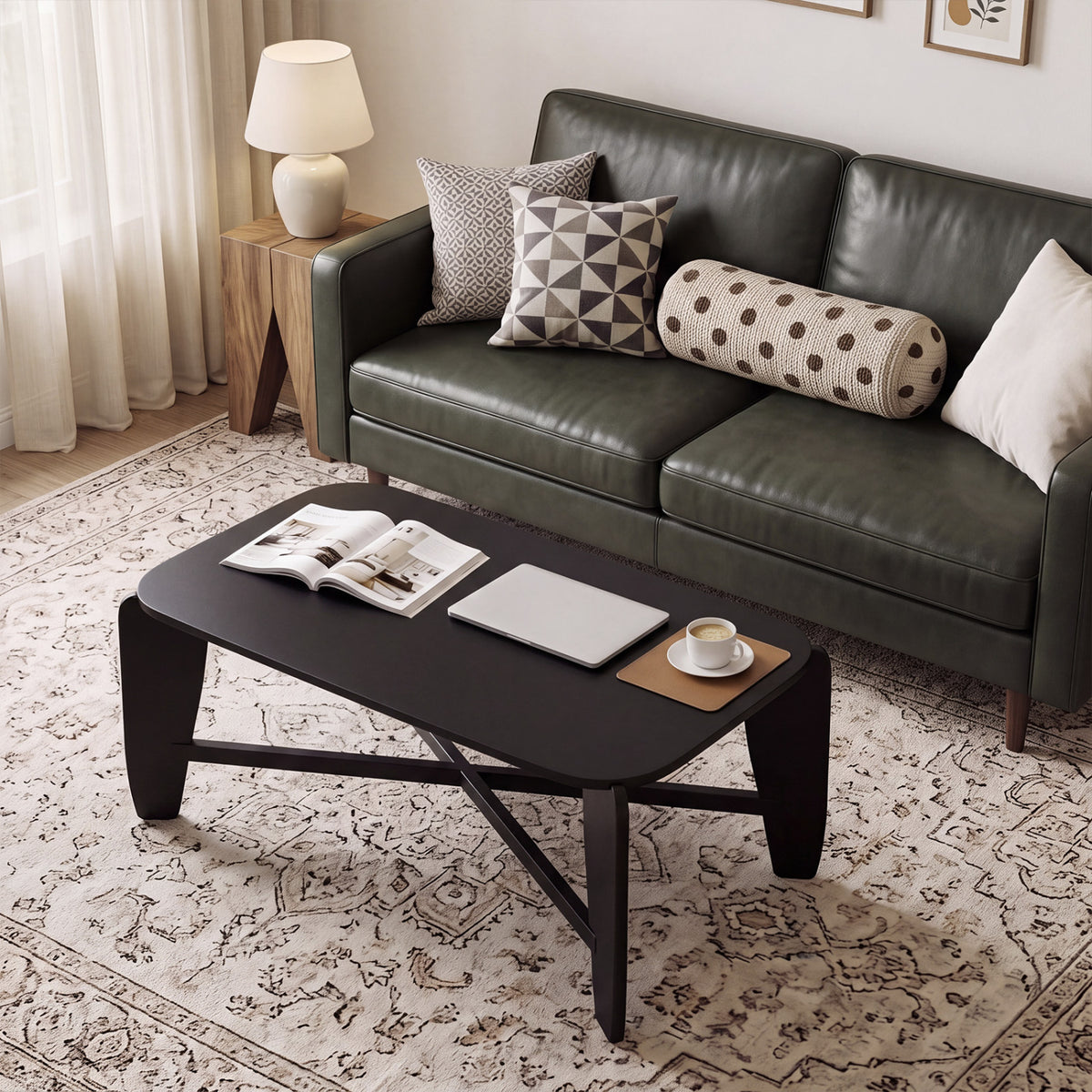 Modern Coffee Table with Rubber Wood Cross-Leg Base Rectangular Center Table