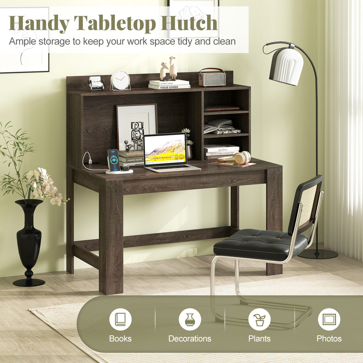 Modern Computer Desk with Hutch and Storage Shelves