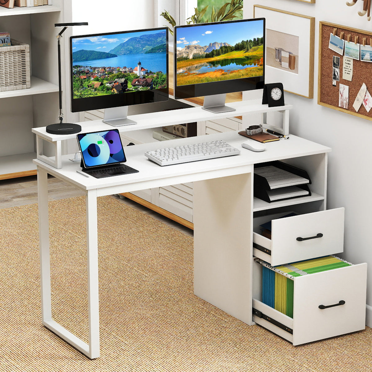 Modern Computer Desk with Power Outlets and File Drawer-White
