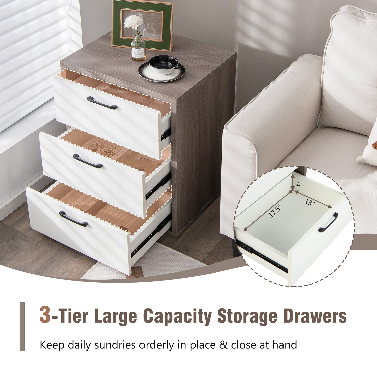 Modern Dresser Nightstand with 3 Slide-Out Drawers