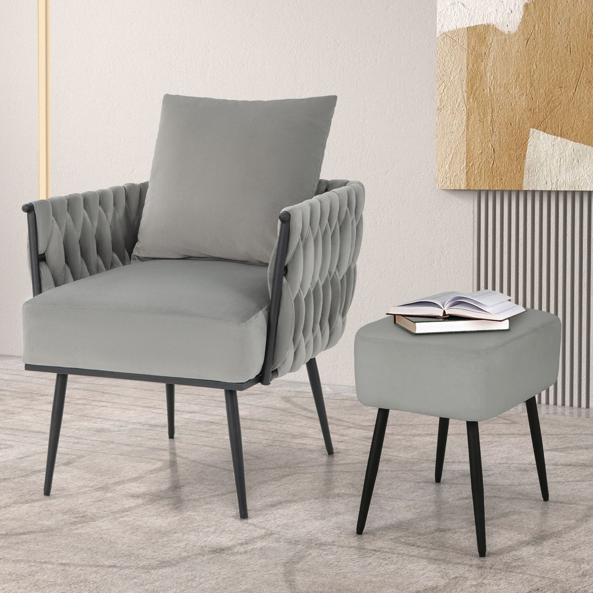 Modern Dutch Velvet Accent Chair and Ottoman Set with Weaved Back and Arms