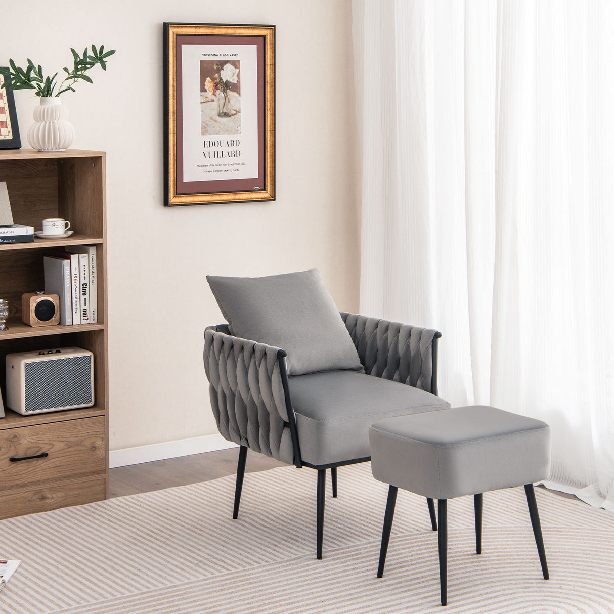 Modern Dutch Velvet Accent Chair and Ottoman Set with Weaved Back and Arms