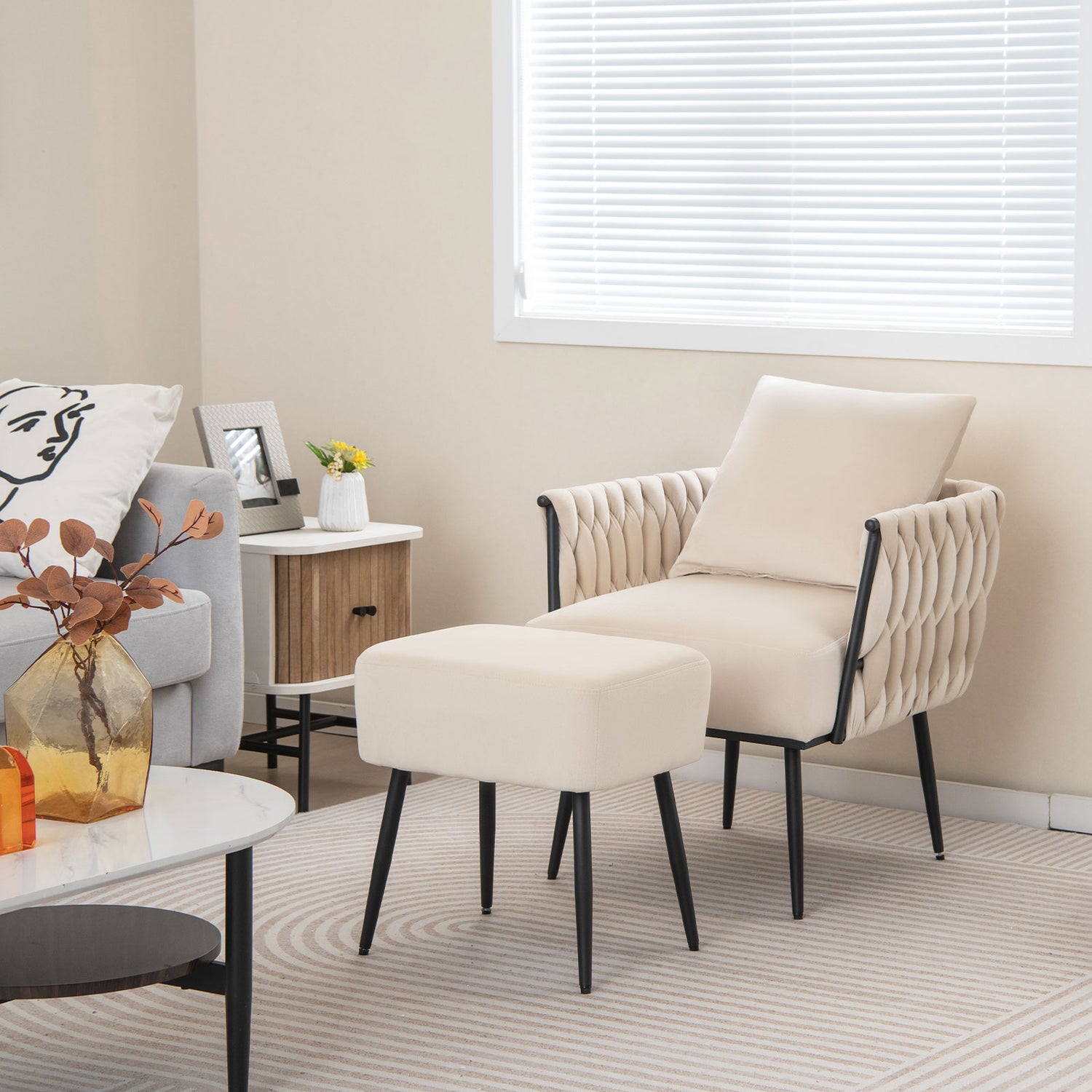 Modern Dutch Velvet Accent Chair and Ottoman Set with Weaved Back and Arms