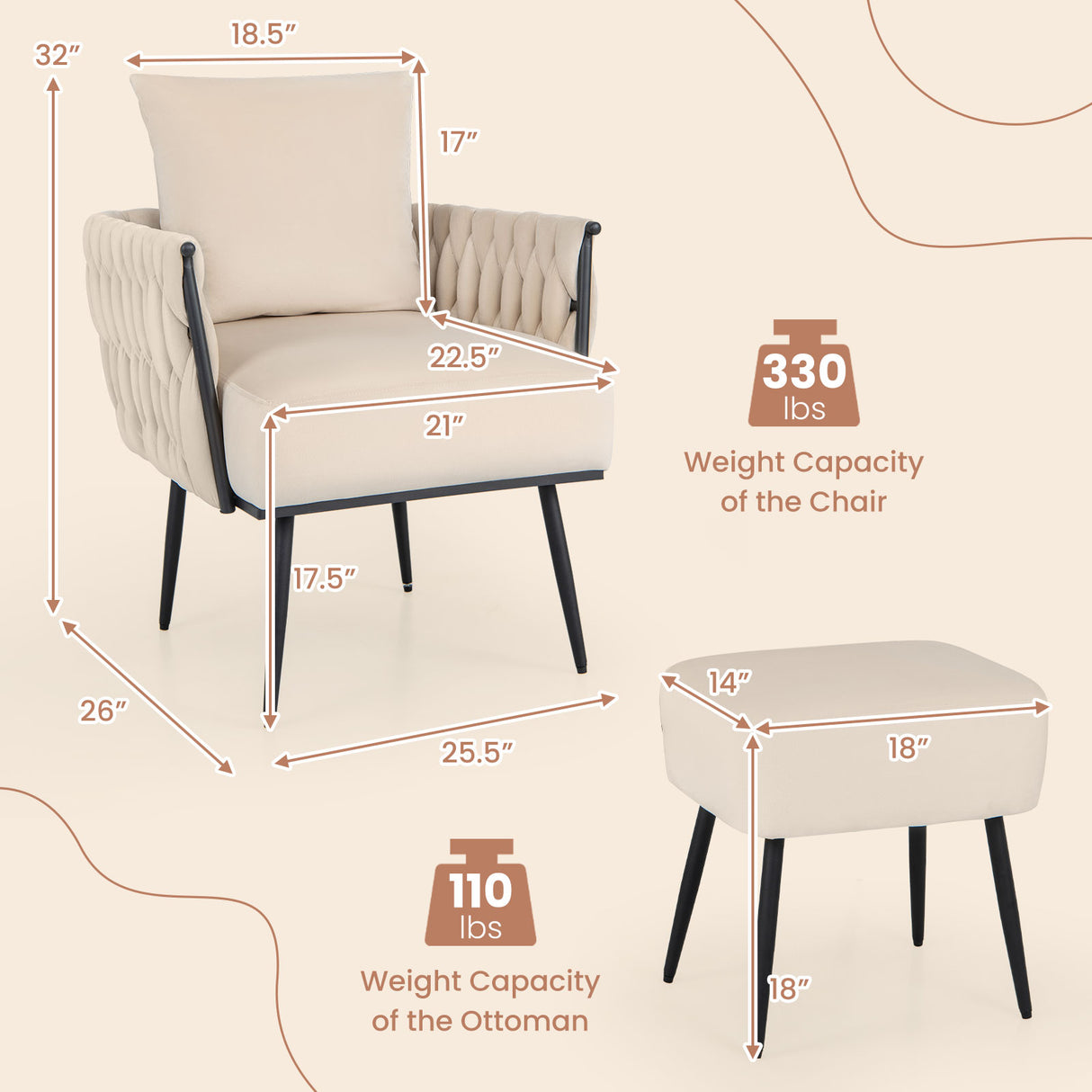 Modern Dutch Velvet Accent Chair and Ottoman Set with Weaved Back and Arms