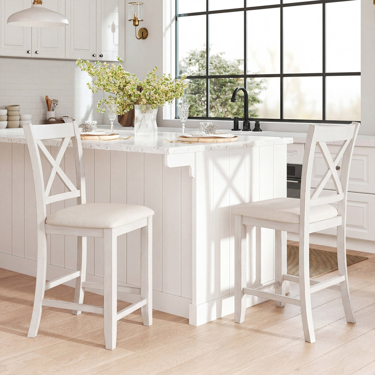 Modern Farmhouse Counter Height Stools with Footrest and Cushion
