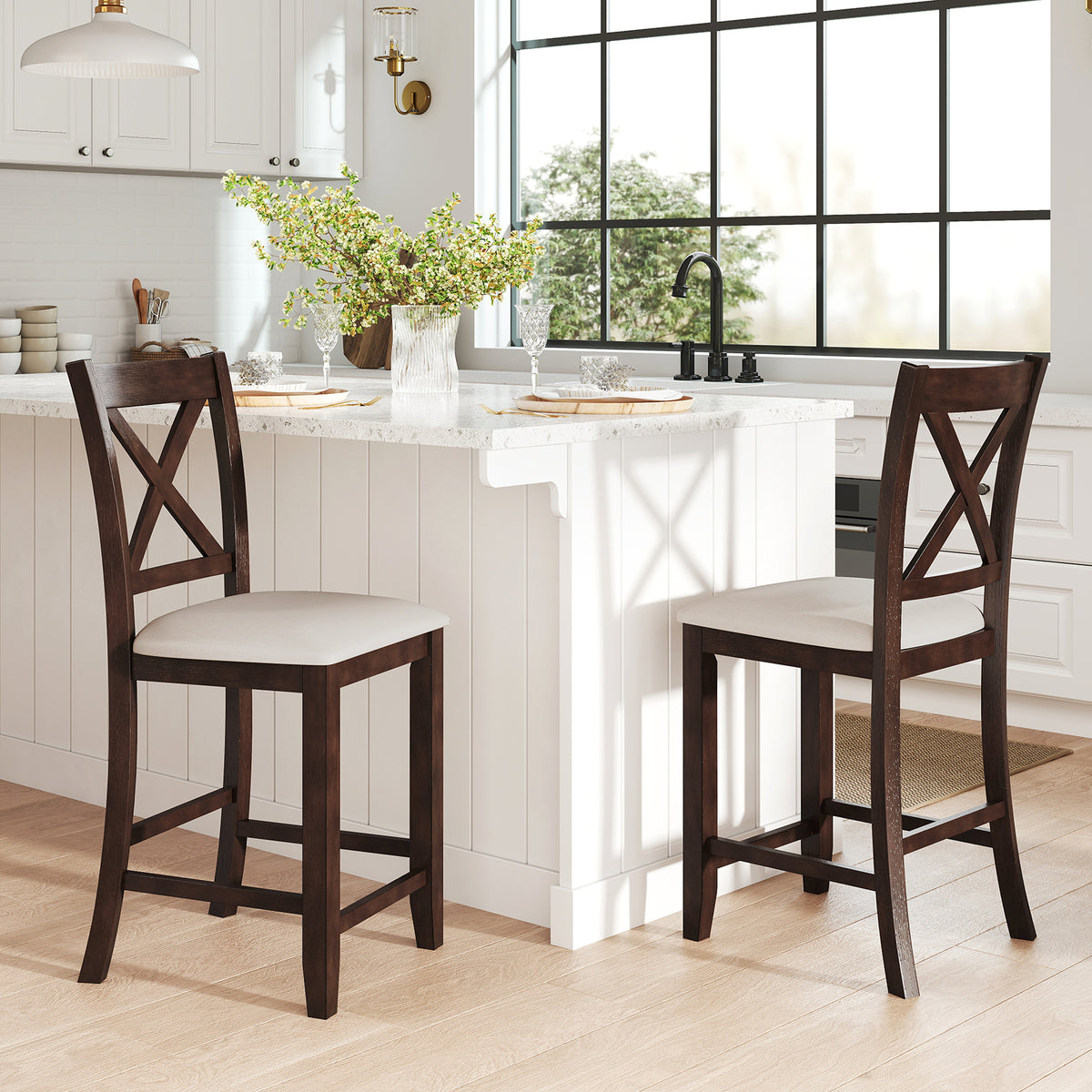 Modern Farmhouse Counter Height Stools with Footrest and Cushion