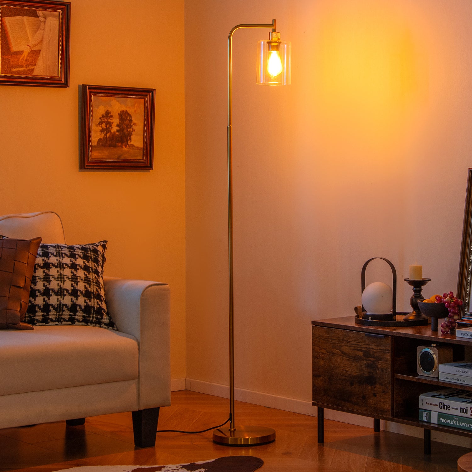Modern Floor Lamp with Hanging Glass Lampshade and Foot Switch