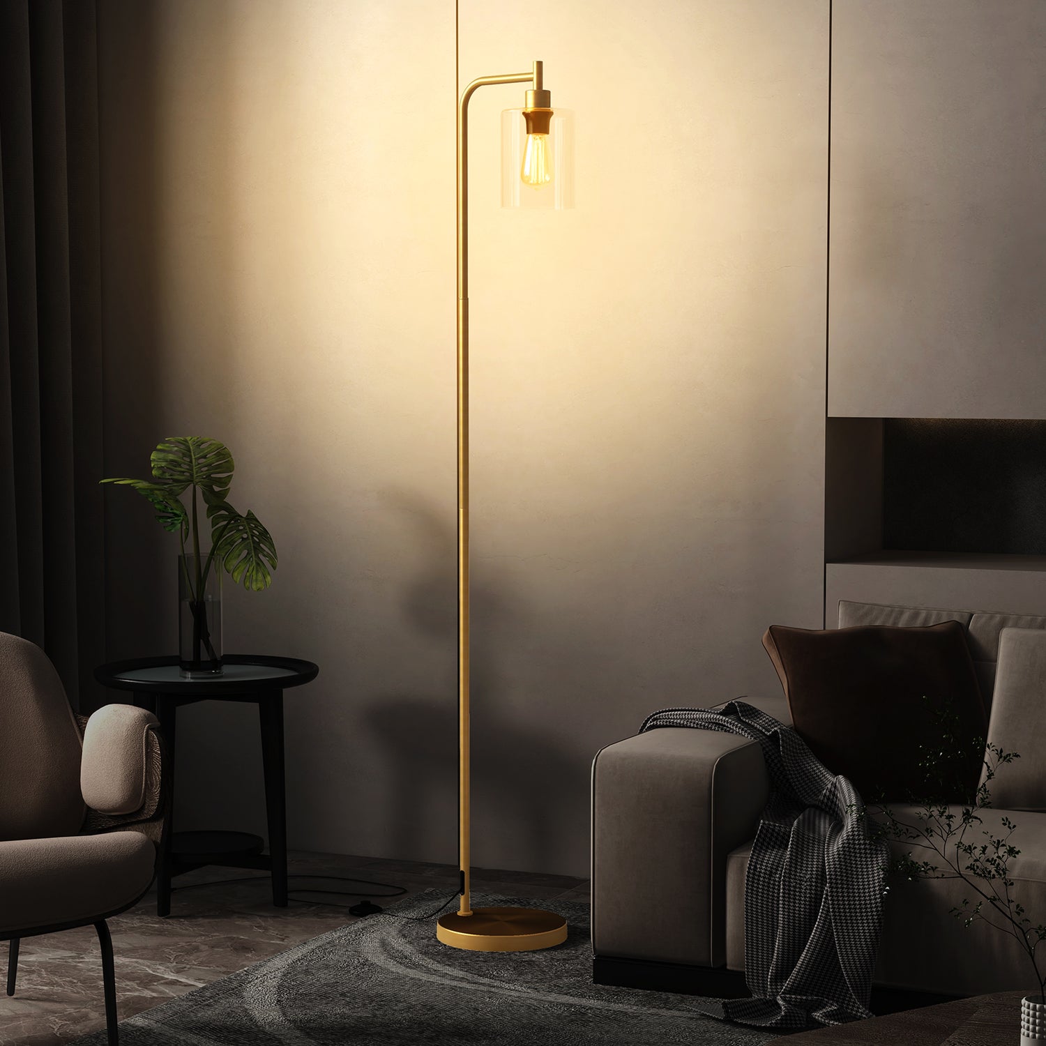 Modern Floor Lamp with Hanging Glass Lampshade and Foot Switch