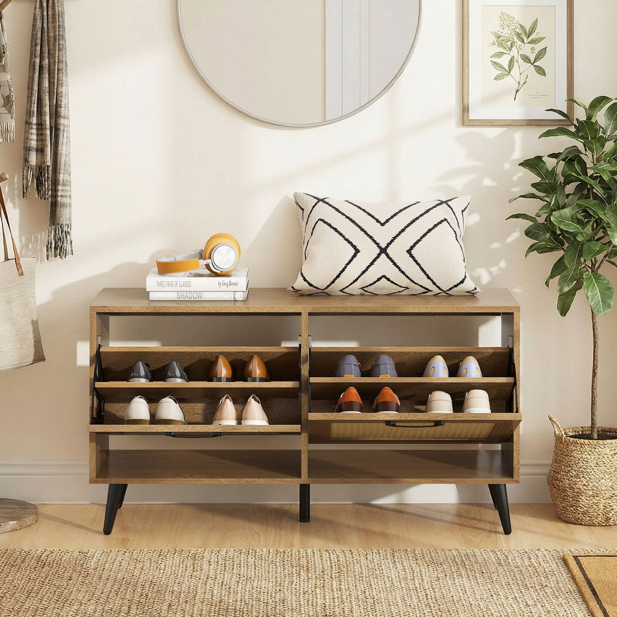 Modern Freestanding Shoe Cabinet with 2 Flip Drawers and Adjustable Shelves for Entryway-Natural