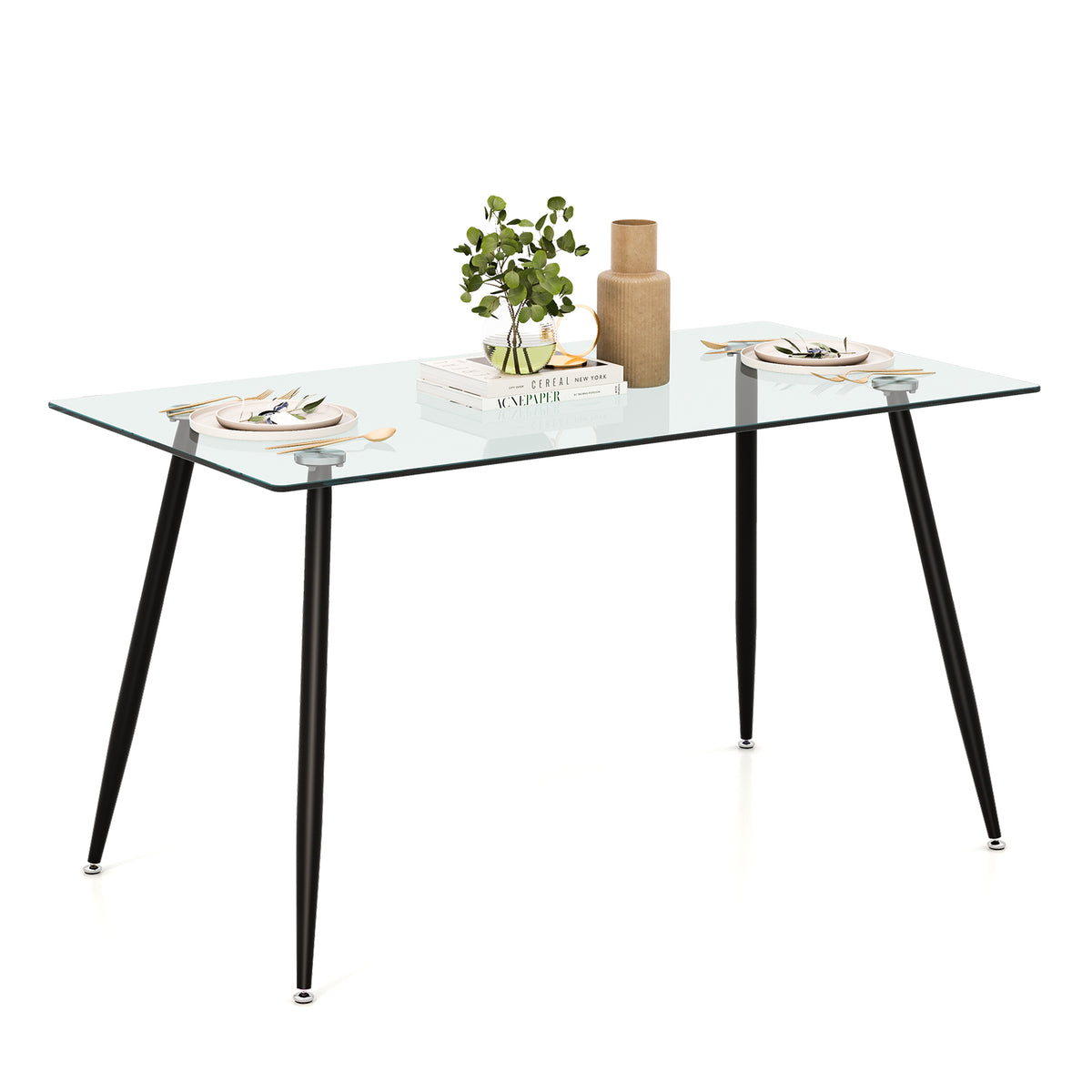 Modern Glass Rectangular Dining Table with Metal Legs