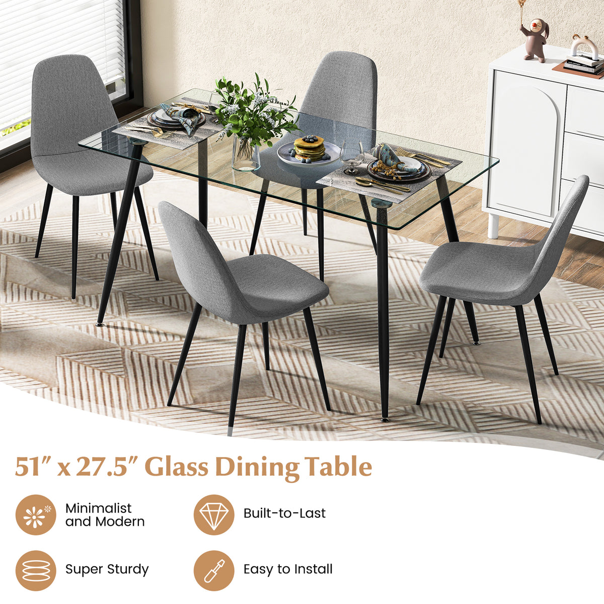 Modern Glass Rectangular Dining Table with Metal Legs