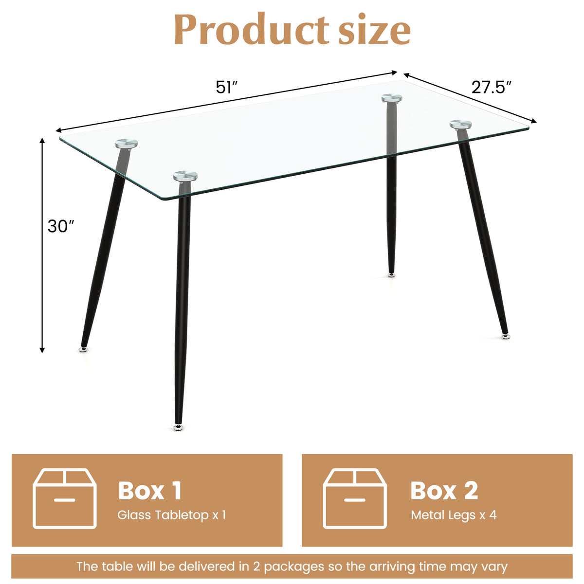 Modern Glass Rectangular Dining Table with Metal Legs