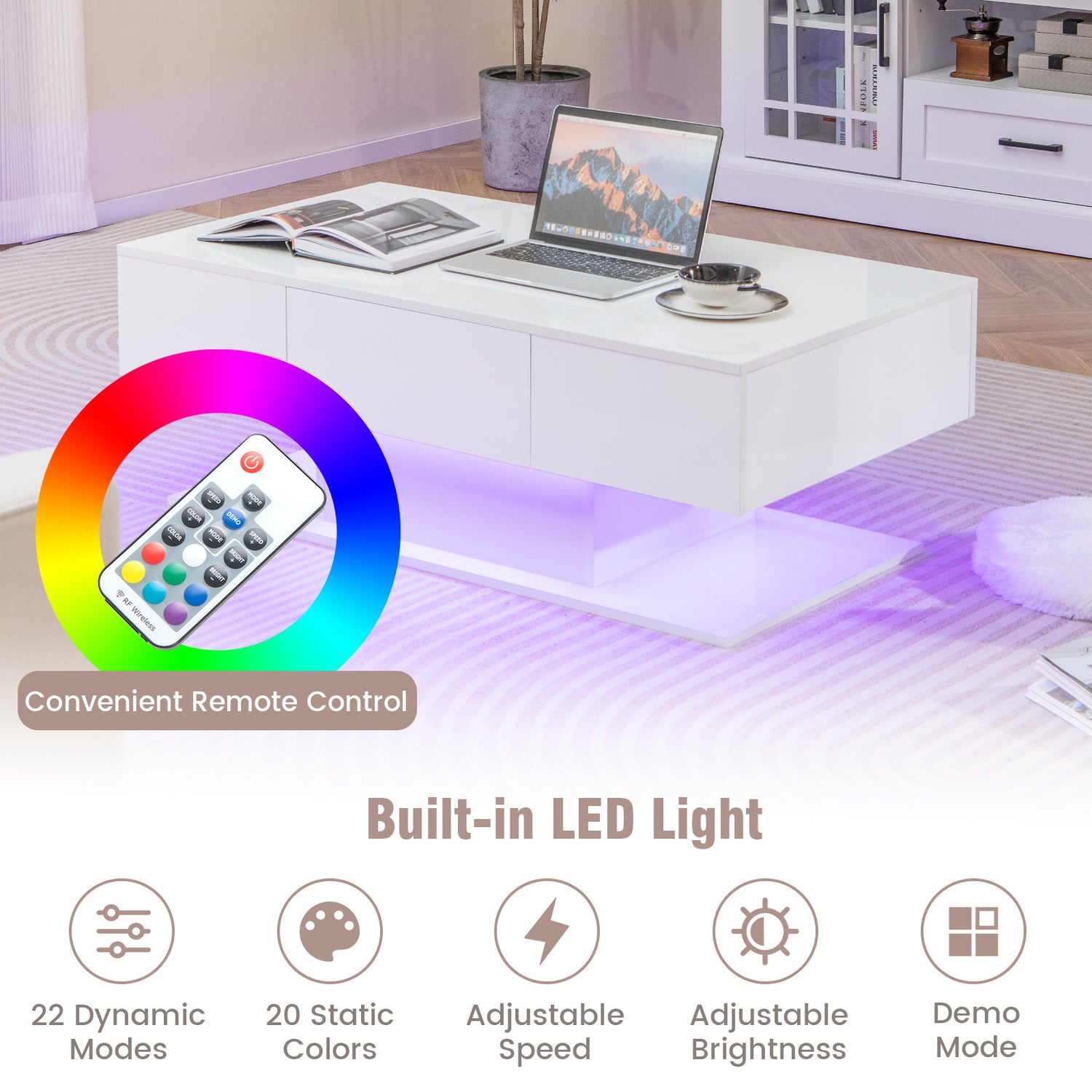 Modern LED Coffee Table with 20 Color LED Lights and 2 Storage Drawers