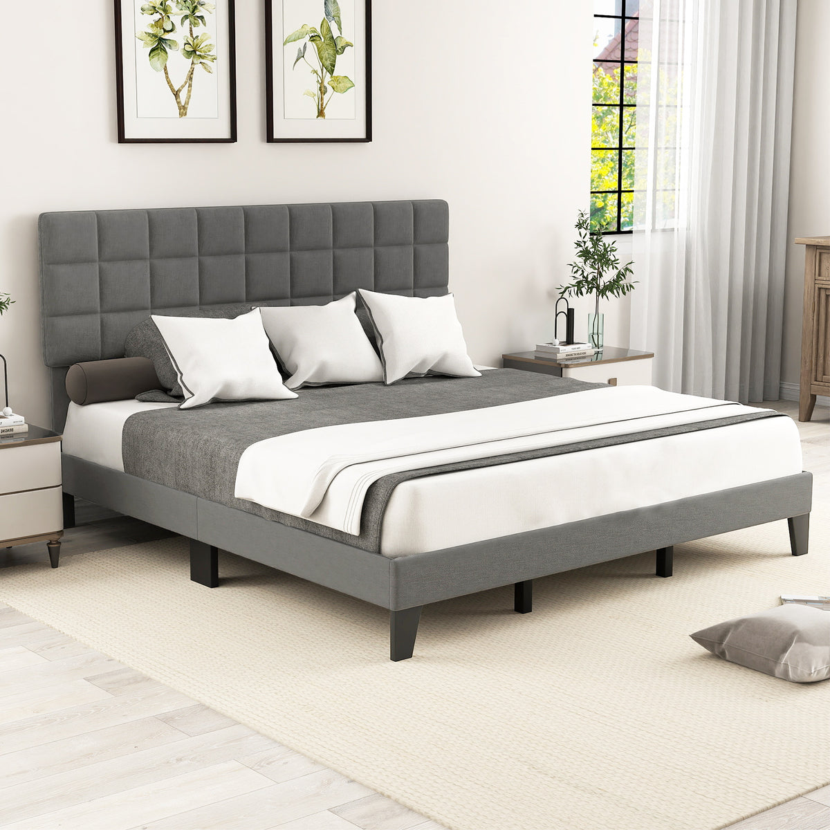 Full/Queen/King Size Modern Linen Bed Frame with Adjustable Headboard