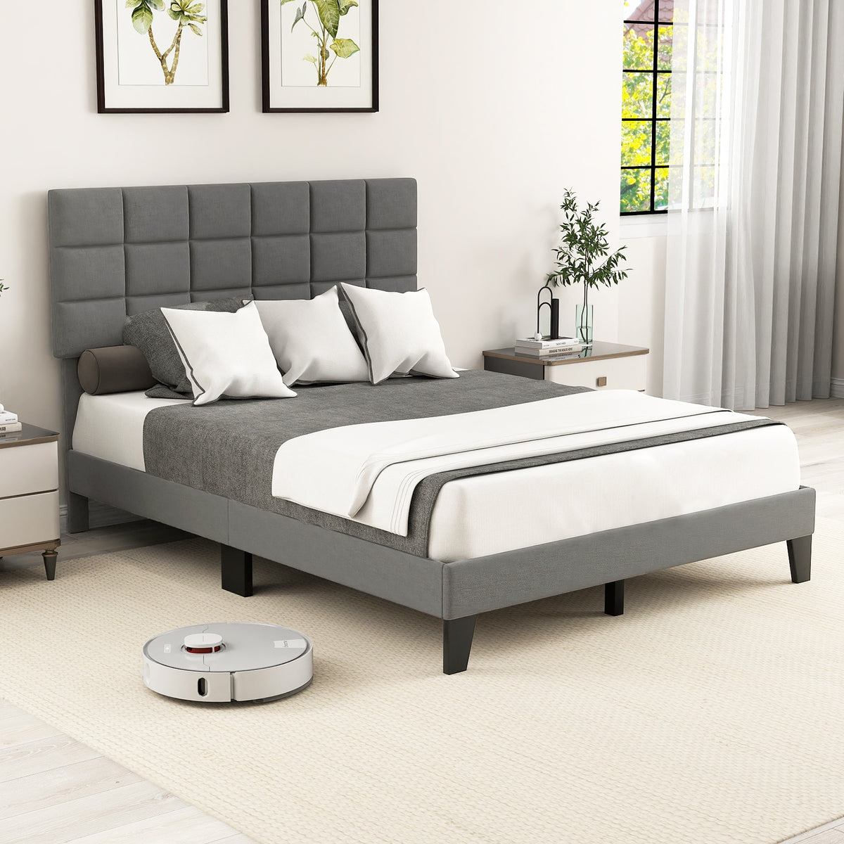 Full/Queen/King Size Modern Linen Bed Frame with Adjustable Headboard