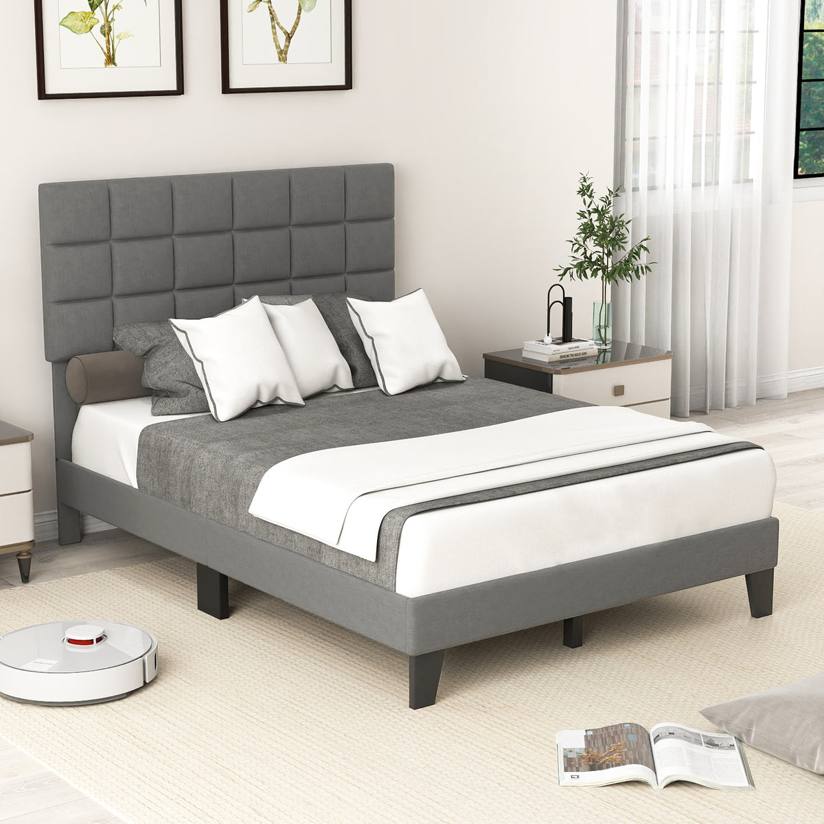 Full/Queen/King Size Modern Linen Bed Frame with Adjustable Headboard