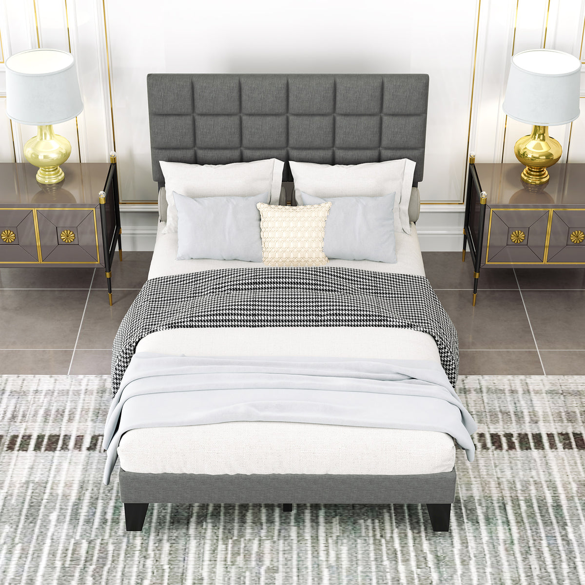 Full/Queen/King Size Modern Linen Bed Frame with Adjustable Headboard