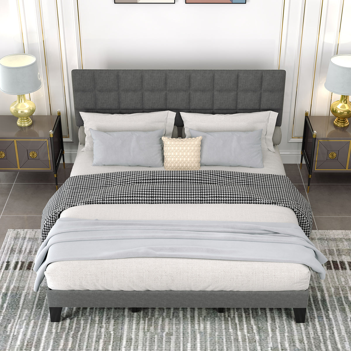 Full/Queen/King Size Modern Linen Bed Frame with Adjustable Headboard