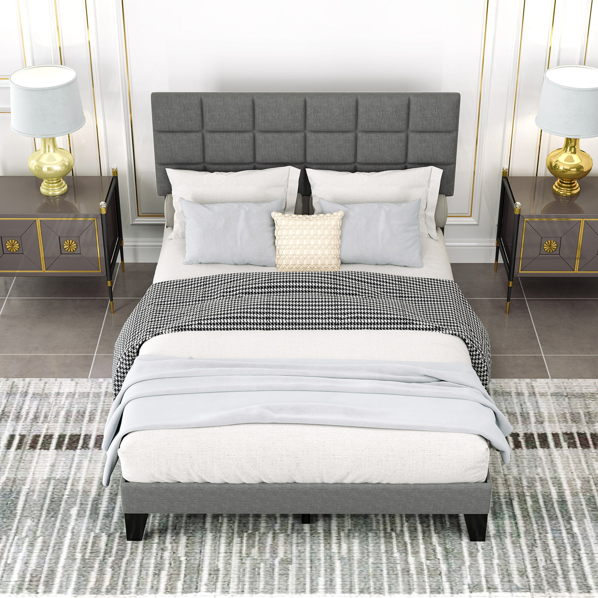 Full/Queen/King Size Modern Linen Bed Frame with Adjustable Headboard