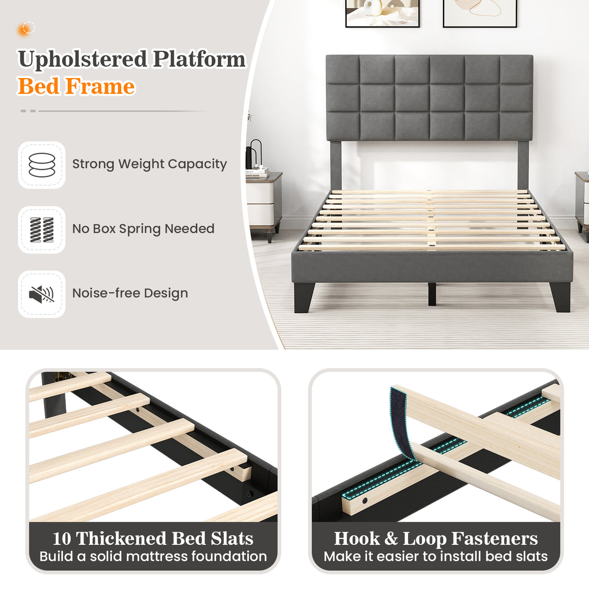 Full/Queen/King Size Modern Linen Bed Frame with Adjustable Headboard