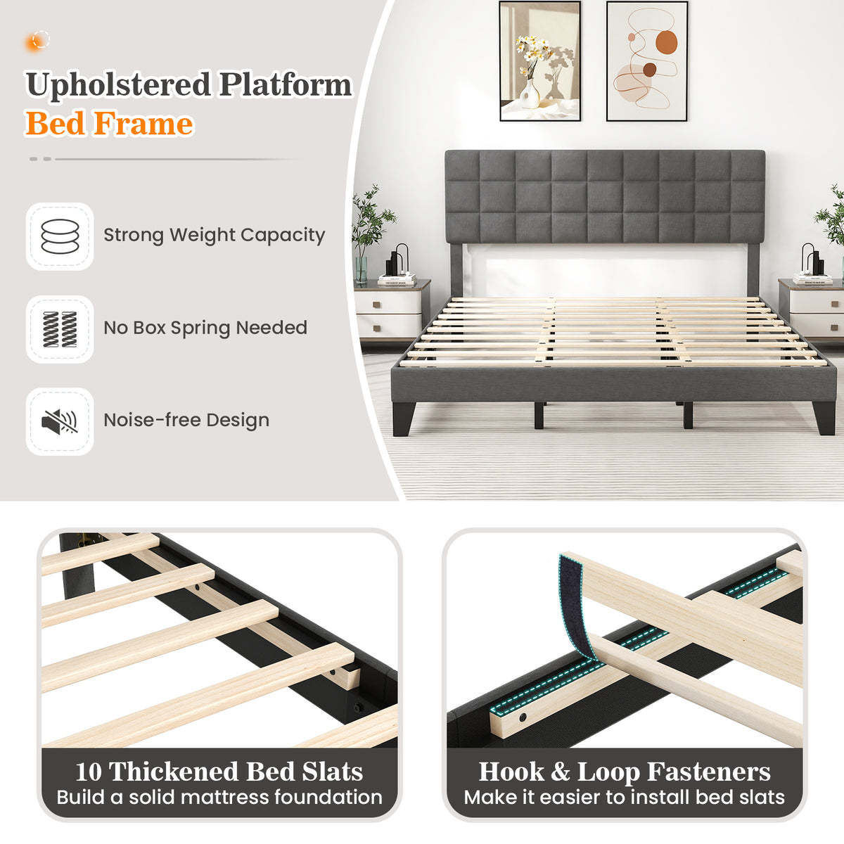 Full/Queen/King Size Modern Linen Bed Frame with Adjustable Headboard