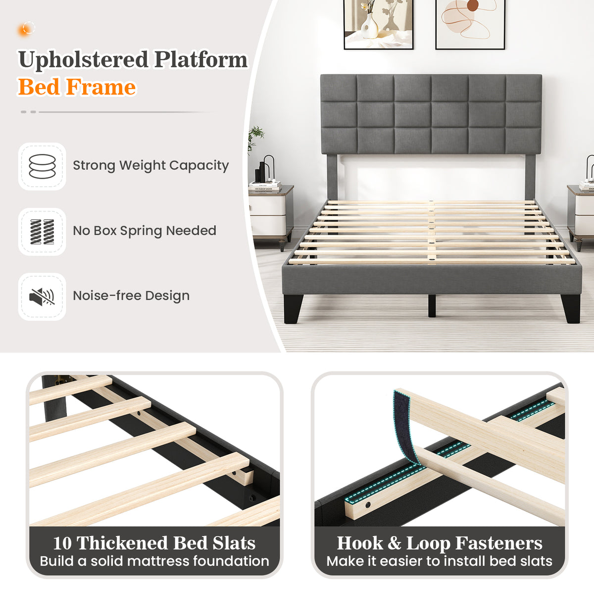 Full/Queen/King Size Modern Linen Bed Frame with Adjustable Headboard