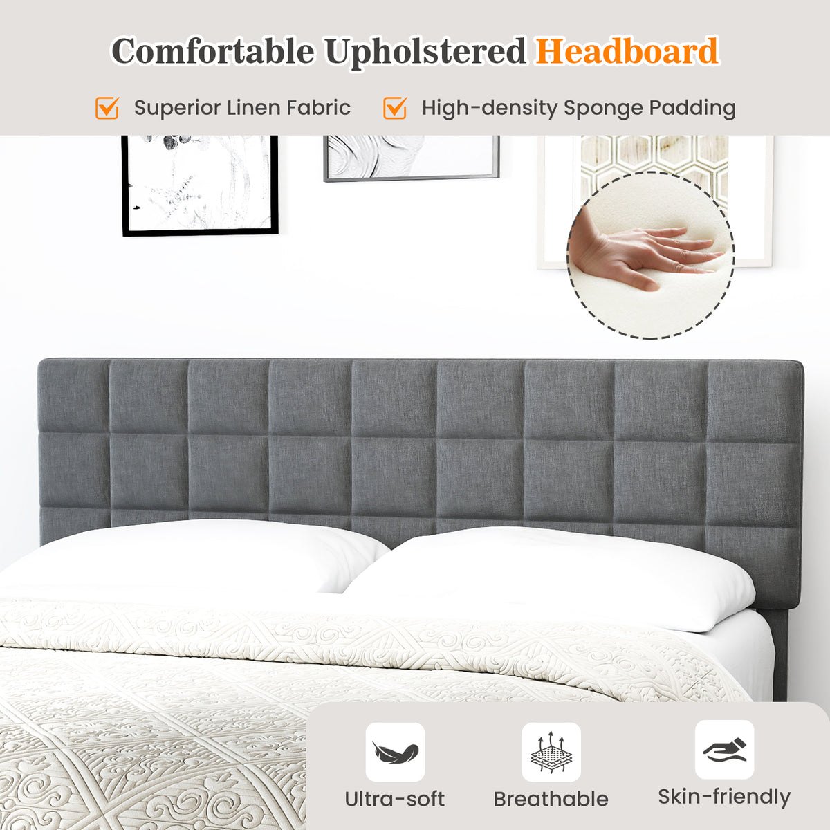 Full/Queen/King Size Modern Linen Bed Frame with Adjustable Headboard