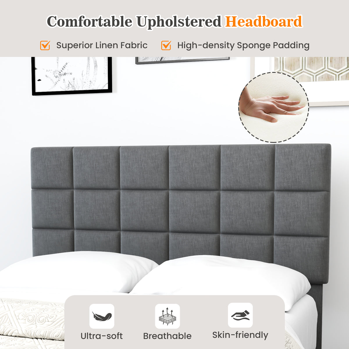 Full/Queen/King Size Modern Linen Bed Frame with Adjustable Headboard