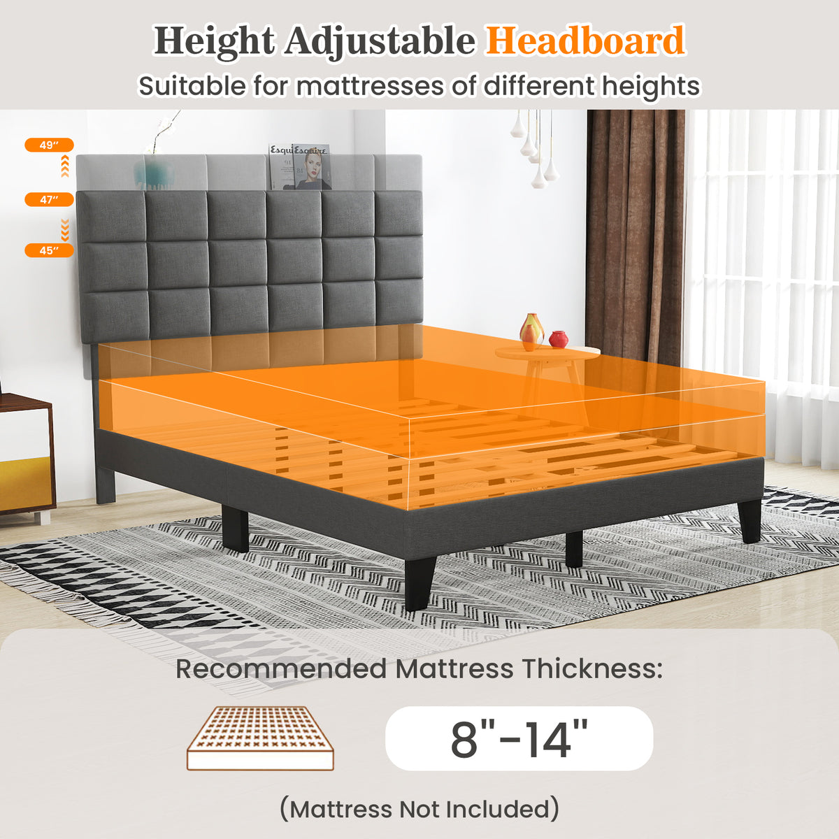 Full/Queen/King Size Modern Linen Bed Frame with Adjustable Headboard