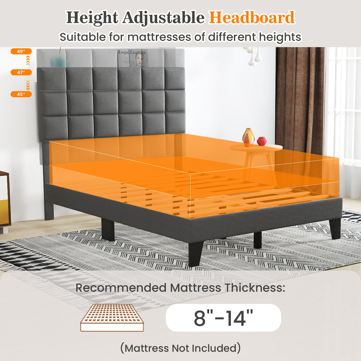 Full/Queen/King Size Modern Linen Bed Frame with Adjustable Headboard