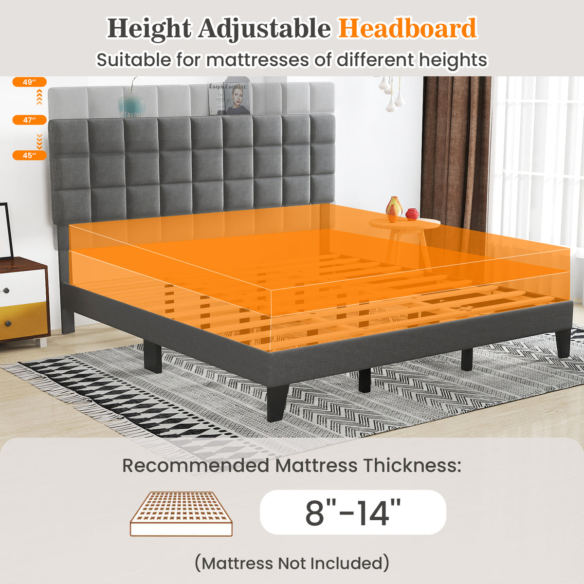 Full/Queen/King Size Modern Linen Bed Frame with Adjustable Headboard
