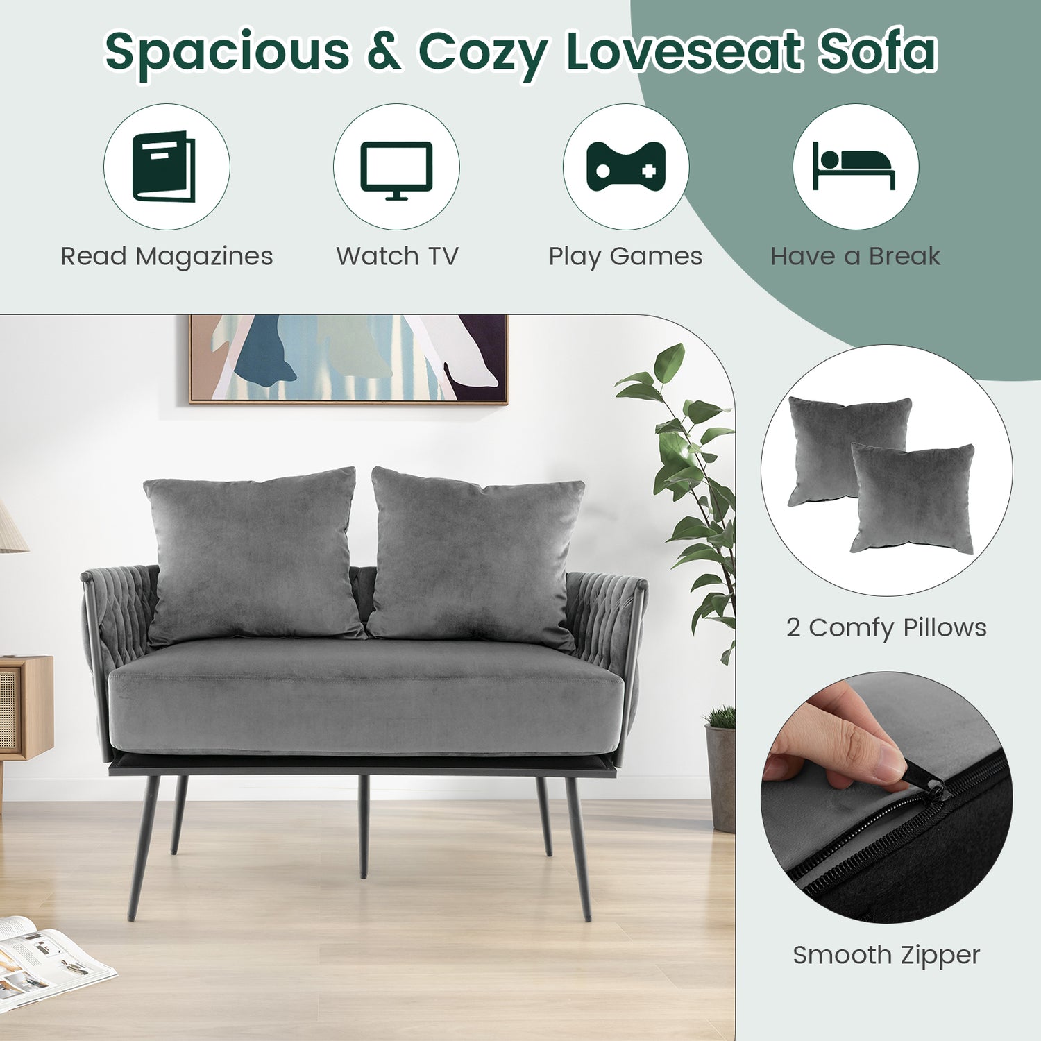 Modern Loveseat Sofa Upholstered Dutch Velvet Sofa Couch-Gray